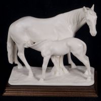 A. Santini Mare & Foal Horse Statue Alabaster Ivory Resin Vtg 70's